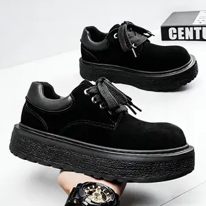 Men's Derby Shoes Low Top Thick Sole Height Increasing Large Toe Work Leather Shoes Platform Thick Sole