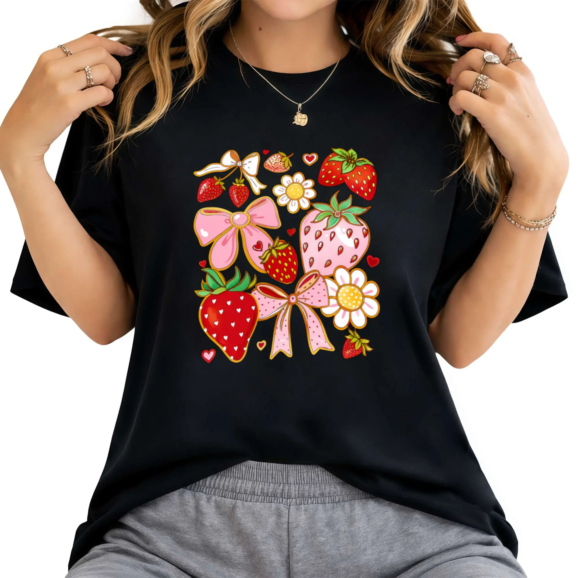 trawberry Floral Shirt, Cute Bow Graphic Tee, Cottagecore Aesthetic, Soft Summer Fruit Shirt, Graphic Top,