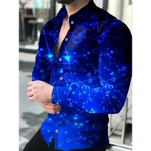 Gradient Style Geometric Print Men's Casual Button Up Long Sleeve Shirt, Clothes For Spring Summer Autumn, Tops Men Blue Collar
