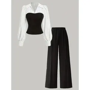 Women’s striped patch two-piece set, fluffy sleeve V-neck top and wide-leg pants, suitable for office commuting or leisure GARMENTARY