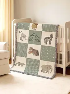 Safari Baby Blanket with Name Patchwork, Woven Cotton or Fleece Blanket, Jungle Animals Newborn Blanket, Keepsake Heirloom Gift