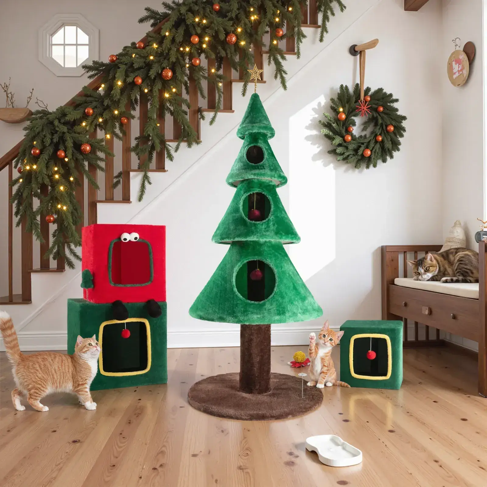 SHA CERLIN Christmas Tree Cat Tower with Ornament Balls & Cozy Condo - Holiday Themed Cat Activity Center for Indoor Kittens & Adult Cats