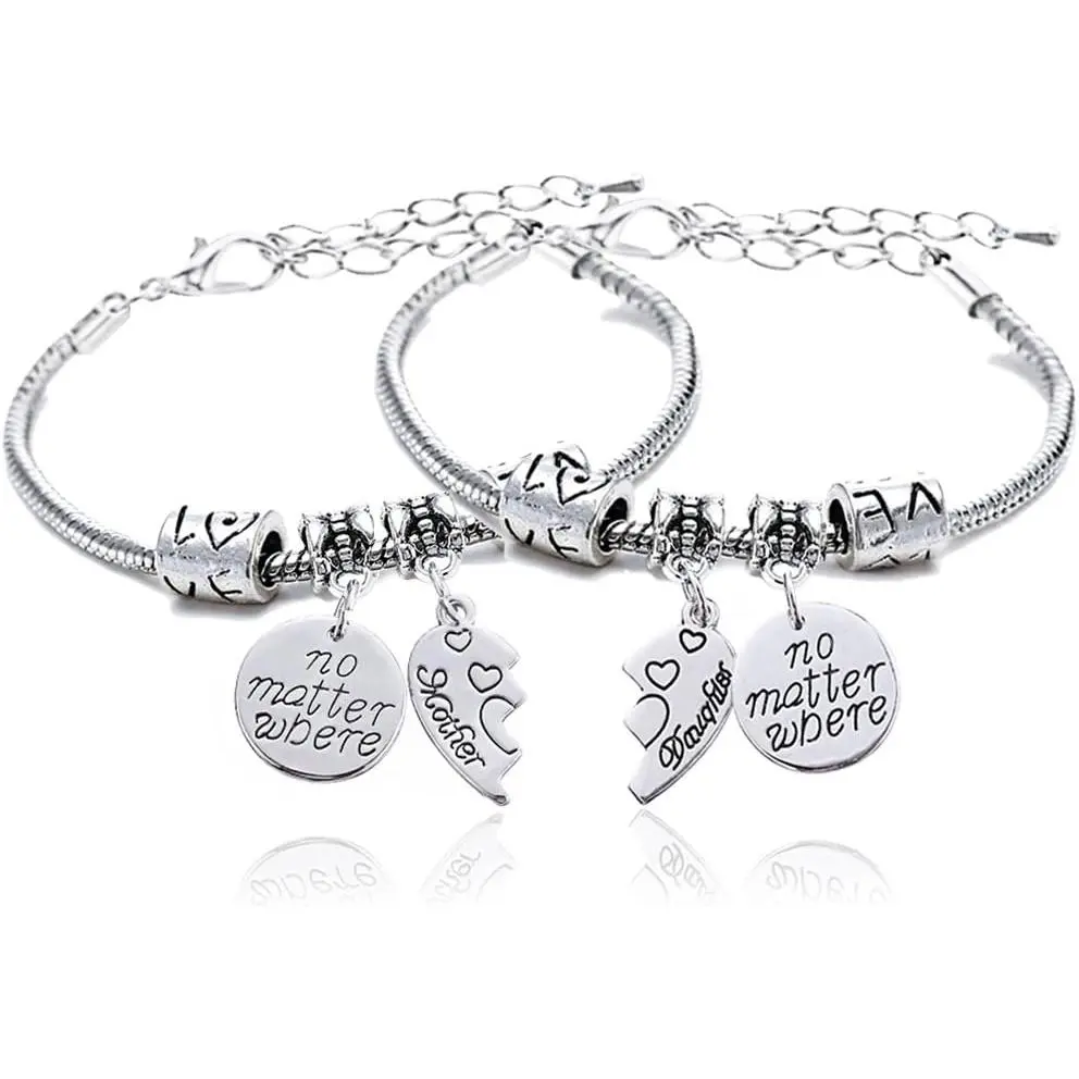 Women's Artisan Double Bangles Set - 2-Piece Expandable Female Bracelets, Engraved "No Matter Where" Split Hearts Compass Charms, Non-Tarnish Handcrafted Alloy, Family Party Birthday Gift Jewelry