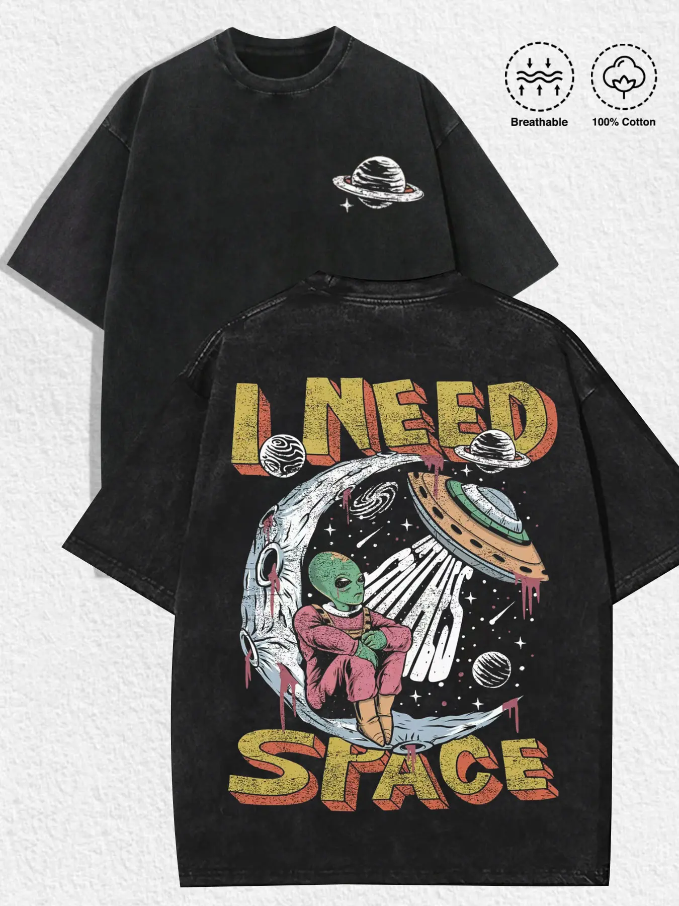 1 PCS GAME.ACE Washed Black Oversized Tee, "I Need Space" Retro Alien & UFO Graphic Print, Vintage Sci-Fi Streetwear, 100% Cotton Breathable Unisex T-Shirt, Ideal for Daily Wear & Quirky Outer Space Lovers