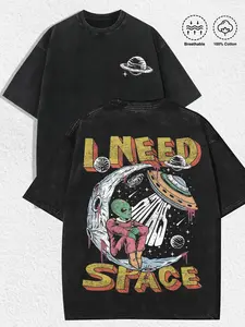 1 PCS GAME.ACE Washed Black Oversized Tee, "I Need Space" Retro Alien & UFO Graphic Print, Vintage Sci-Fi Streetwear, 100% Cotton Breathable Unisex T-Shirt, Ideal for Daily Wear & Quirky Outer Space Lovers