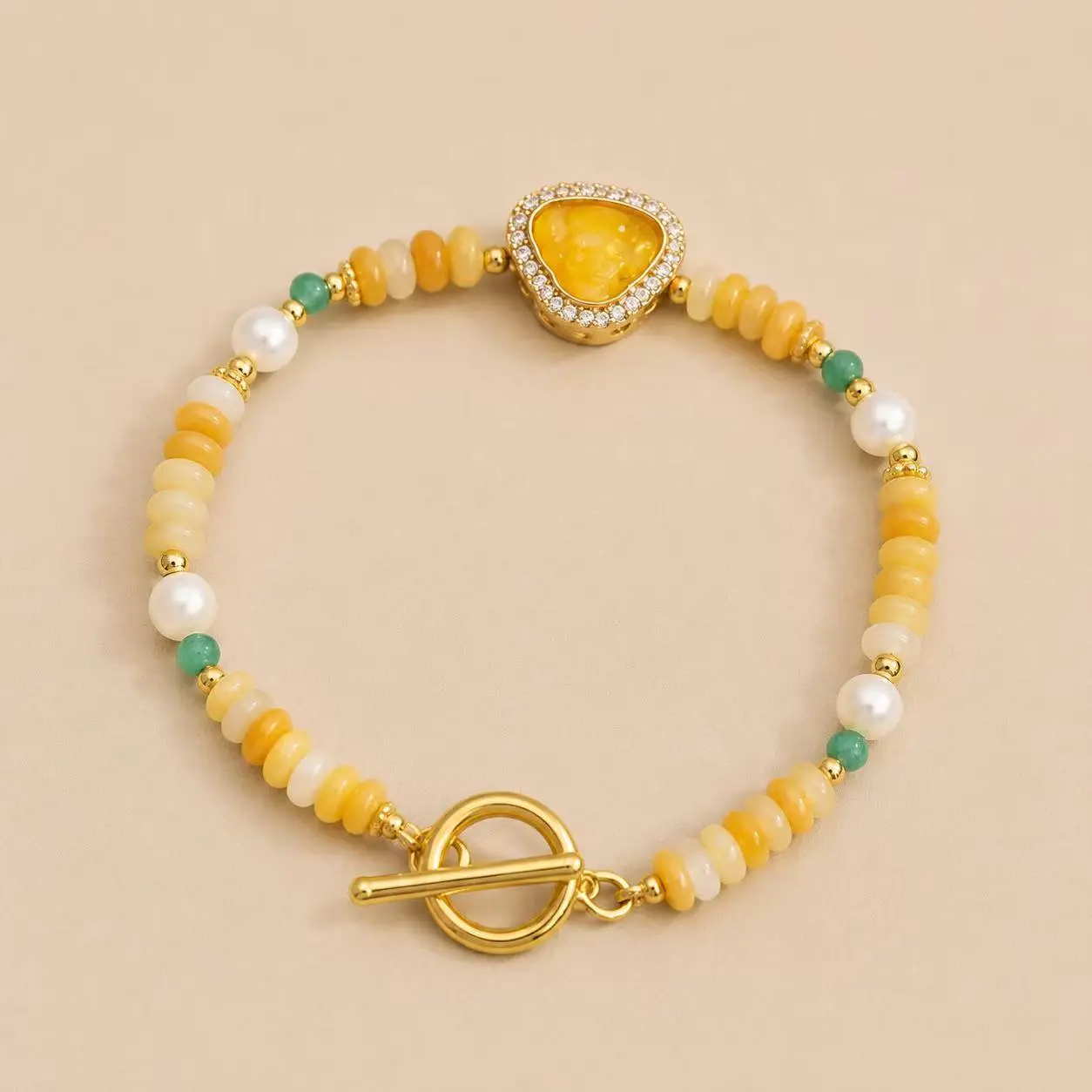 Yellow Jade Buddha Charm Beaded Bracelet with Pearls and Toggle Clasp