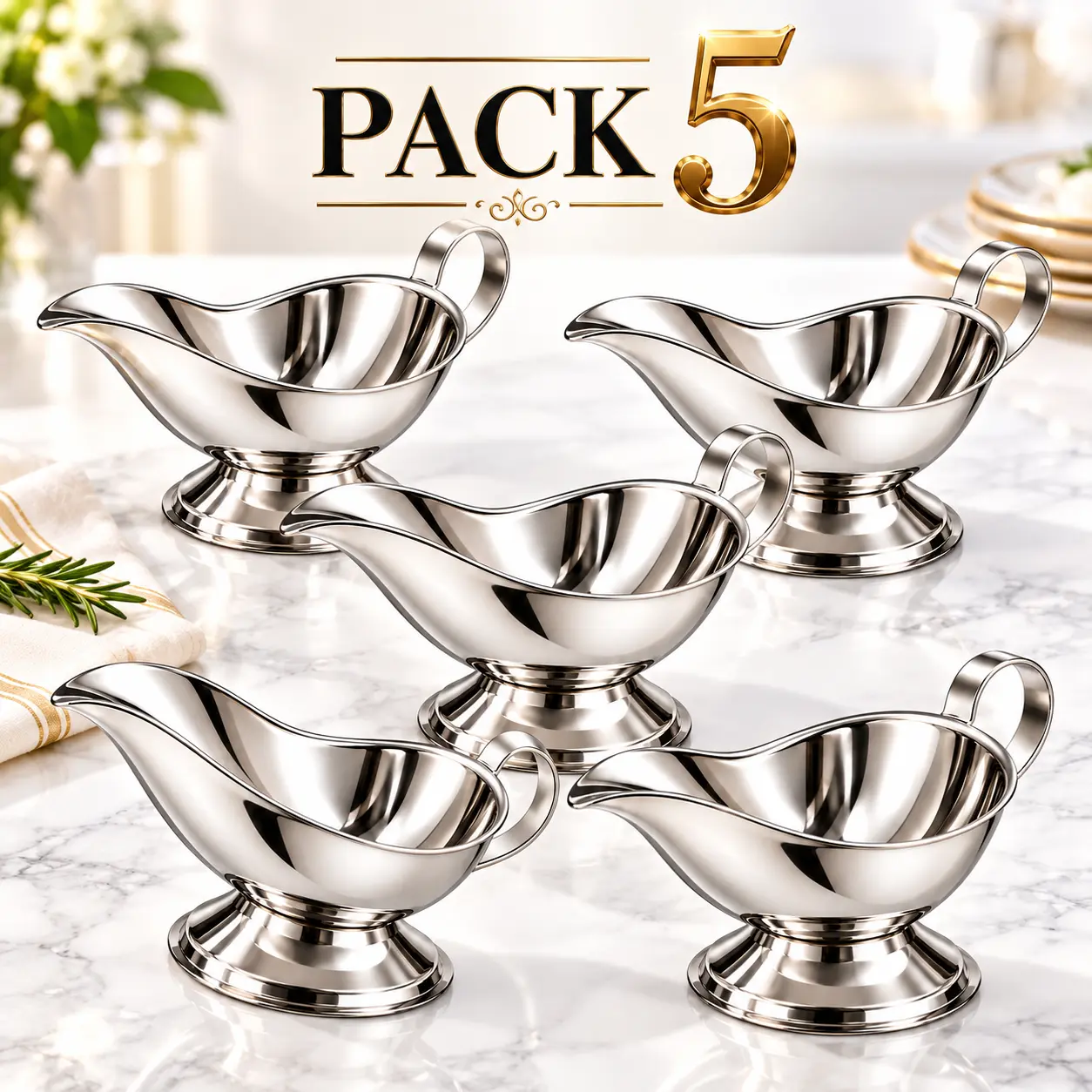5 Pack Stainless Steel Gravy Boats – 10 oz Each, Silver Sauce Servers with Handle & Pouring Spout for Gravy, Syrup, Salad Dressing, Restaurants, Catering & Events