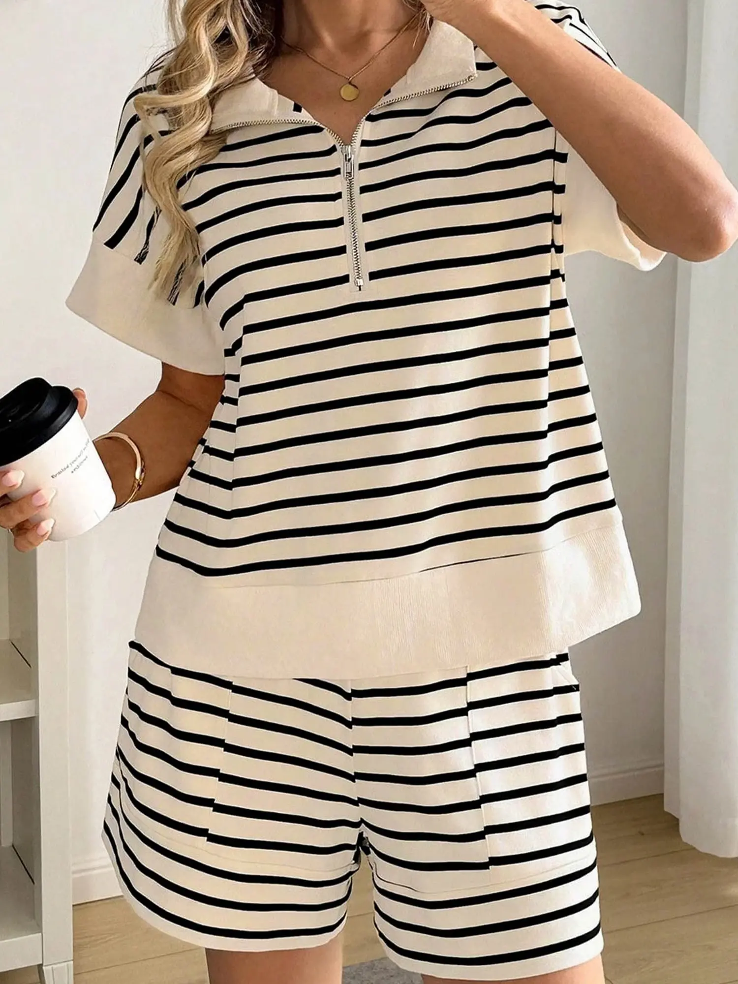Stripe Ribbed Color Block Trim Zip Polo Tee Drawstring Shorts 2pcs Outfit, 95%Cotton.