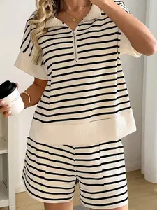 Stripe Ribbed Color Block Trim Zip Polo Tee Drawstring Shorts 2pcs Outfit, 95%Cotton.