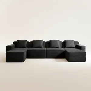Boneless Couch – 4 Seater with 2 Ottomans, Black