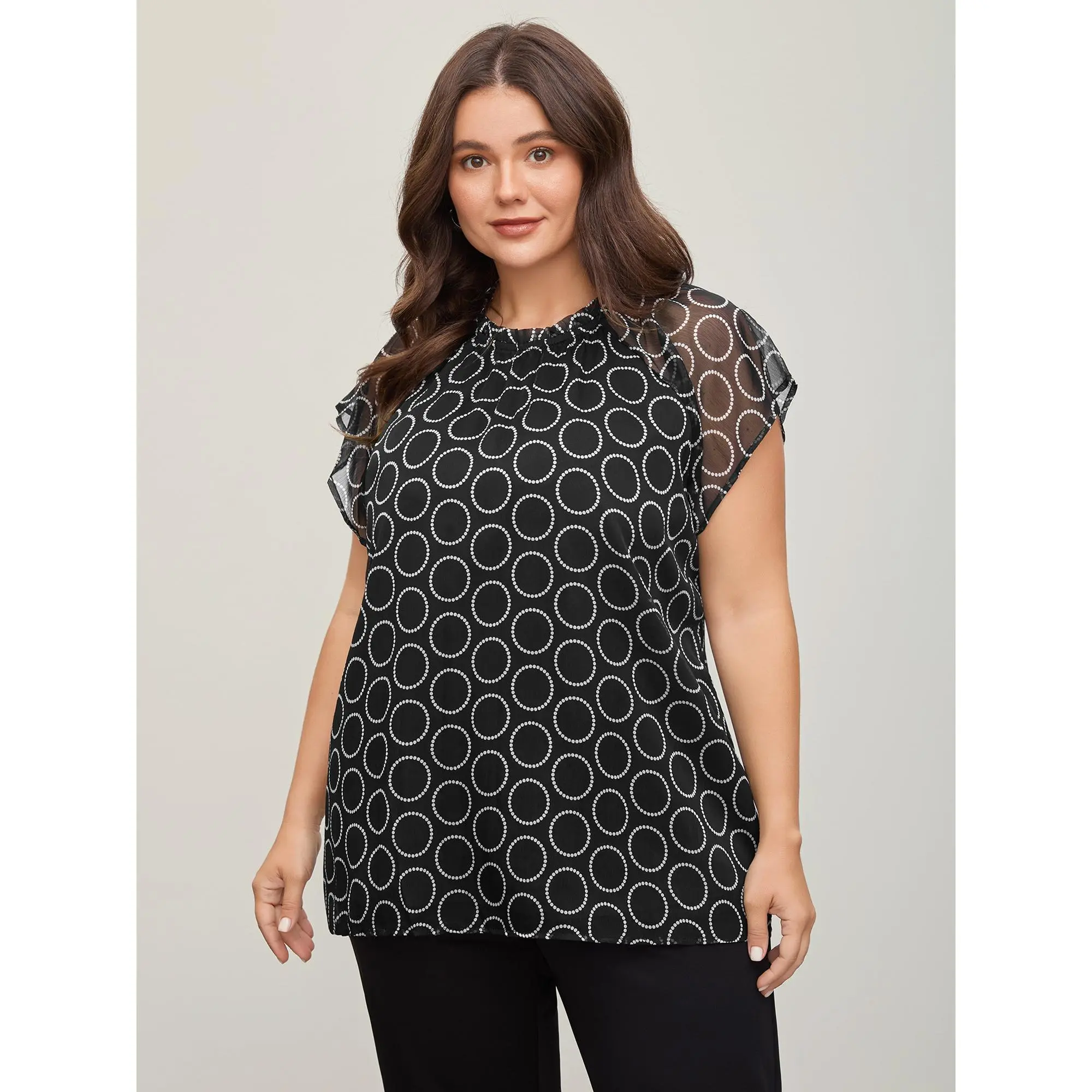 Women's Plus Size Polka Dot Blouse, Smooth Polyester Office Top with Ruffle Cap Sleeves and Sheer Contrast Mesh, Garment, Fabric, Shirts