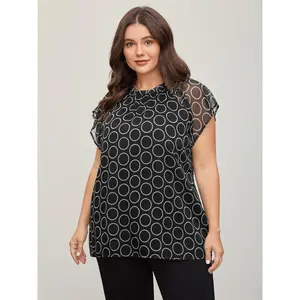 【Summer Turn-Up】【Essential】BlOOMCHIC Plus Size Polka Dot Mock Neck Mesh Patchwork Blouse [1x-6x] 2026 Summer Pick for Mother's Day