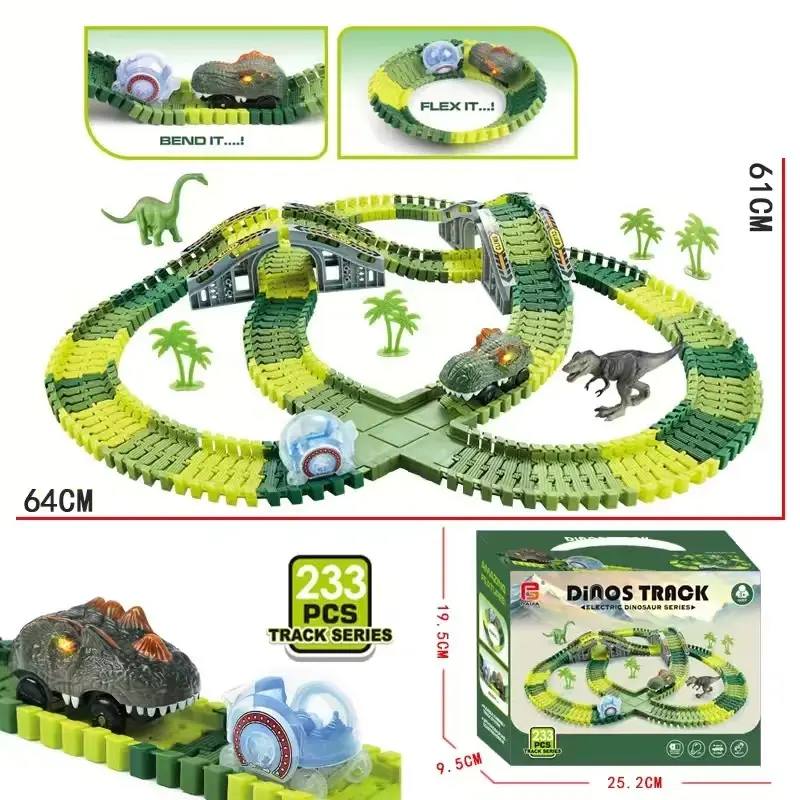 233Pcs Dinosaur Track Car Set – Electric Adventure Train Toy with Flexible Tracks