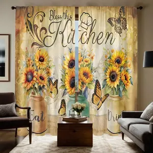 Sunflower Pattern Kitchen Curtain, Retro Country Style Curtain, Home Decorative Curtain for Living Room Bedroom Balcony Kitchen