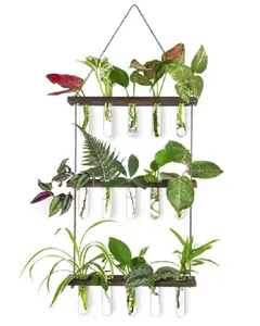 Brown 3-Tiered Wall Hanging Planter Terrarium with Wooden Stand, Mini Test Tube Flower Vases for Hydroponic Plant Cuttings Retro Home Office Garden Decor