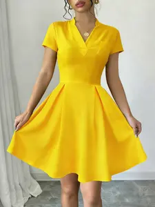 Women's Elegant Chic Lady V-Neck Short Dress, Slim-Fitting Formal Office Party Dress with Pockets, Casual Solid Color Elastic Waist Dress Womenswear