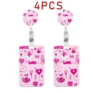 ID Badge Holder Set, 2 Badge Clips + 2 Card Holders, Stretchable Badge Reel, Love Print, Office Supplies for Teachers, Nurses, Doctors