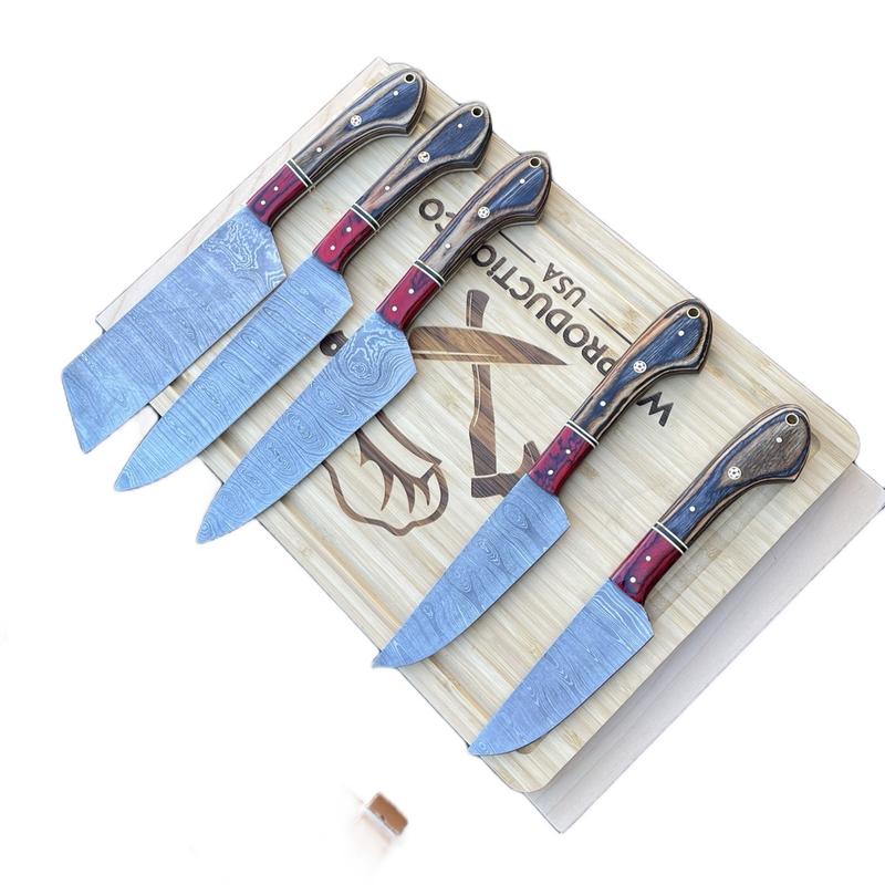 Handmade Damascus Kitchen Knife Set - 5 Pcs with Leather Roll Bag - High-Quality Craftsmanship - Block knife set