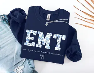 EMT Sweatshirt, Emergency Medical Technician Sweatshirt, Boho Floral EMT Shirt, First Responder Gift, Blue Toile Paramedic Shirt Cotton Crewneck