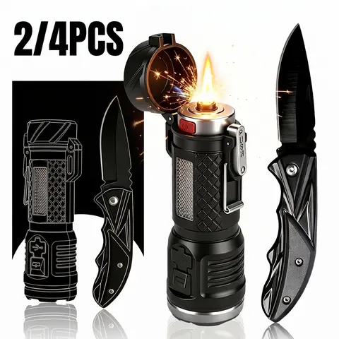 2/4pcs Survival Emergency Kit with Essential Tools - USB Recharge Illumination Flashlight, Emergency Worklight, Fire Starter, Foldable Clip Compact Form EDC Gadgets for Adult Camping & Hiking Gear