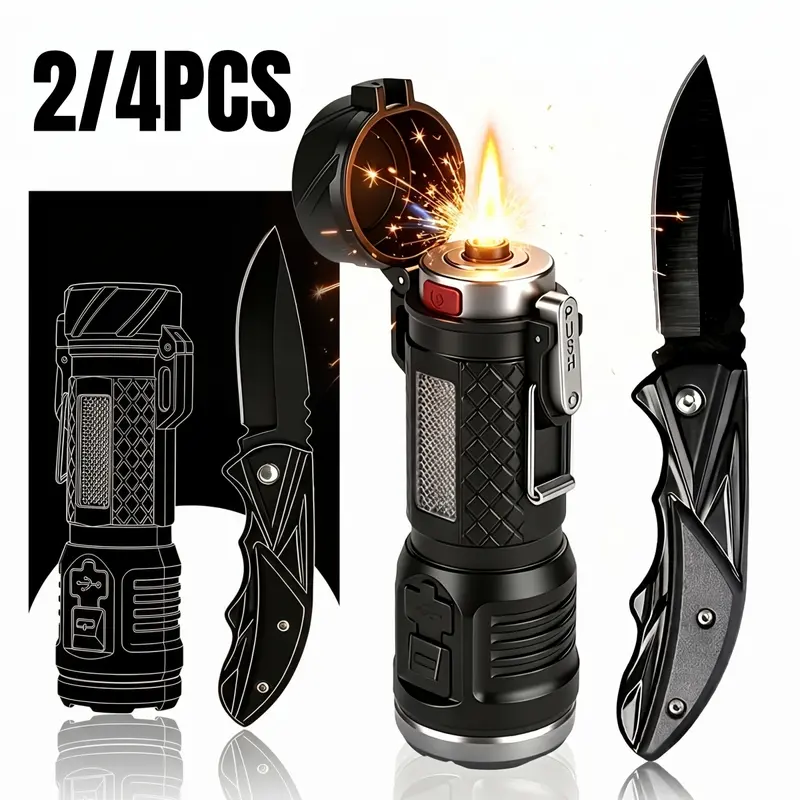 2/4pcs Survival Emergency Kit with Essential Tools - USB Recharge Illumination Flashlight, Emergency Worklight, Fire Starter, Foldable Clip Compact Form EDC Gadgets for Adult Camping & Hiking Gear