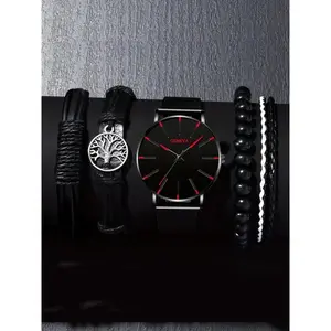 Men's Business Fashion Round Dial Analog Quartz Watch & Tree of Life Charm Bracelet Set, without Box, Fashion Watch Set for Party, Daily Decor, Trendy All-match & Exquisite Watch Set for Birthday Gift