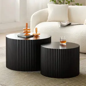 Black Round Nesting Coffee Table Set - 2-Piece Modern Wooden Accent Tables for Living Room or Apartment No Assembly Required