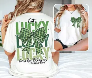 Retro Coquette St Patrick's Day Bow TShirt, Not Lucky Simply Blessed Roman 4:7-8 Shirt, Jesus St. Pattys Day Gifts For Her, Full Size AC