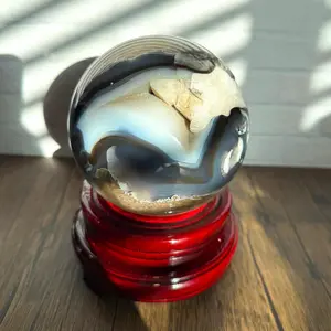 Volcano Agate Crystal Sphere • 4.5” Natural Banded Agate Ball with Quartz Cavern • 5.4 lb Polished Gemstone Orb + Rotating Wooden Stand C64