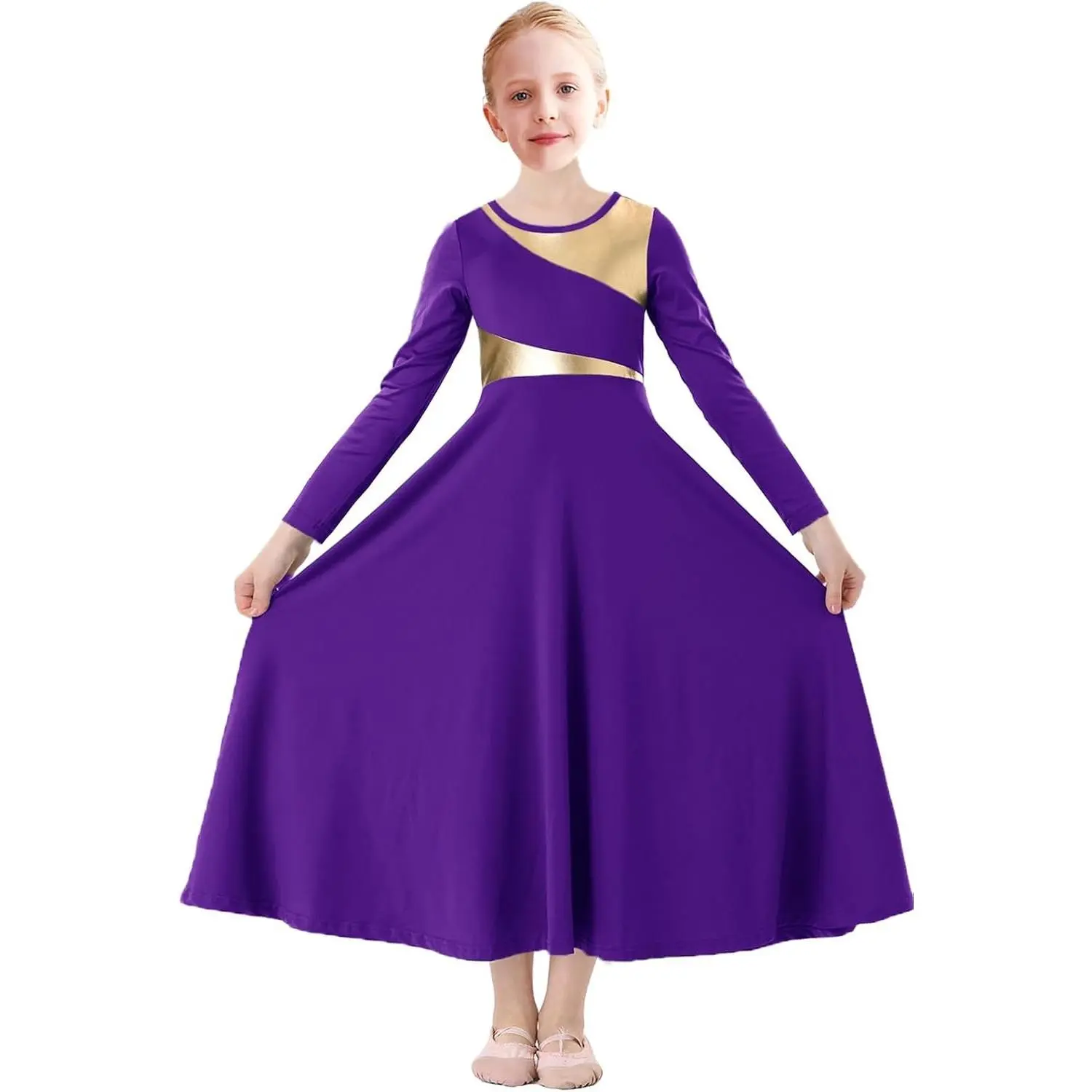 Girls Praise Dance Dress Metallic Gold Liturgical Worship Church Robe Full Length Swing Lyrical Costume