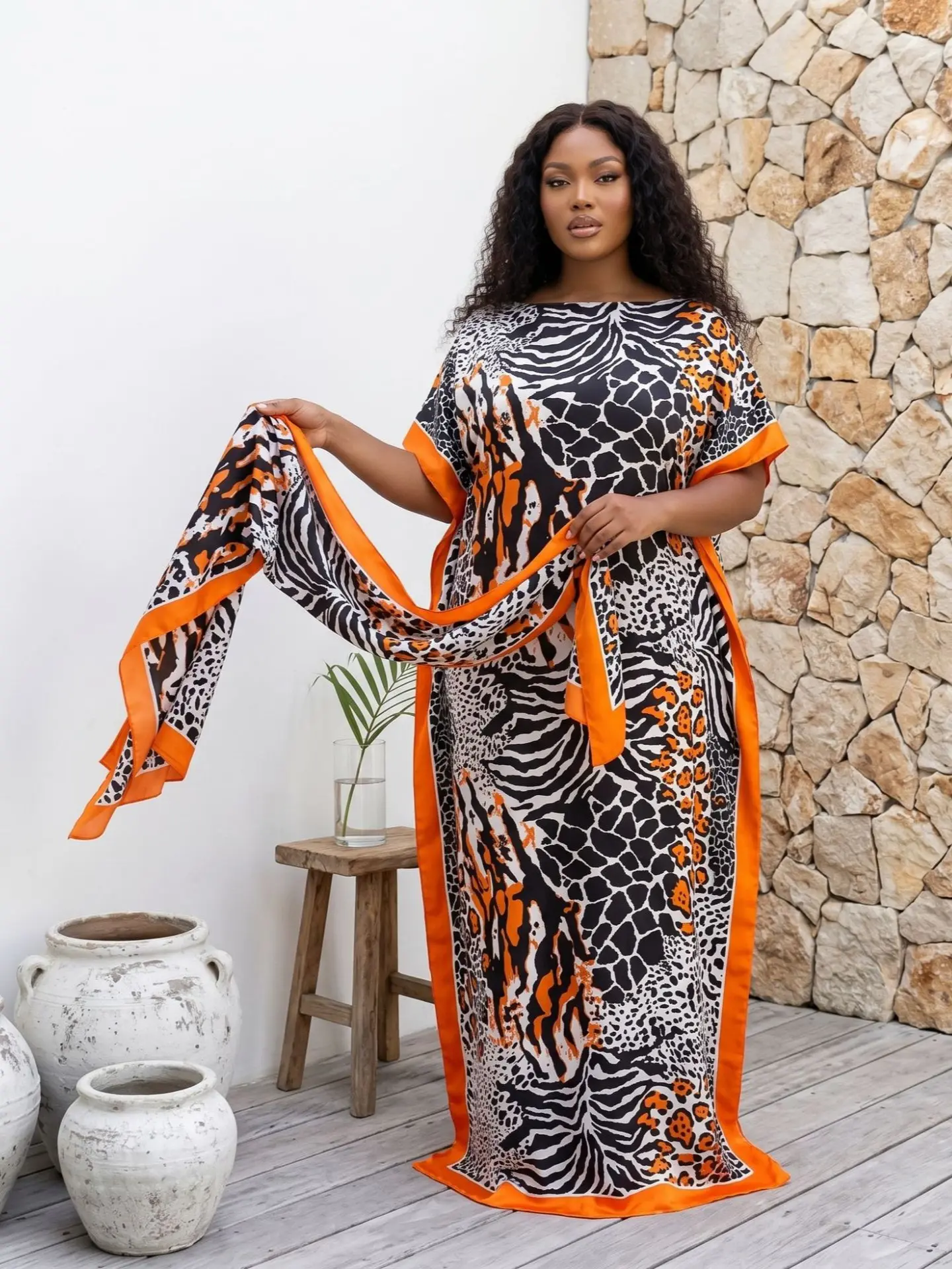 Women Loose African Style Kaftan Maxi Dress, Long Cover Up With Matching Headscarf Set
