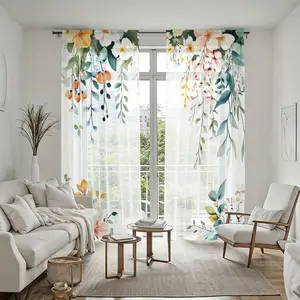 2 piece set, floral print tulle curtains, modern design curtains elegant rod bag translucent window screens suitable for living room bedroom study home decoration durable window coverings.