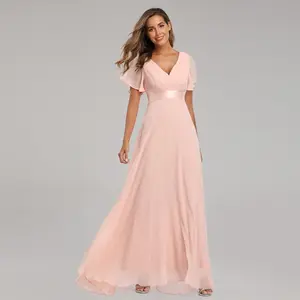 2026 Plus Size Women's Blush Pink V Neck Ruffle Sleeve Chiffon Maxi Dress Empire Waist Bridesmaid Formal Gown for Special Occasions - Workwear, Womenswear