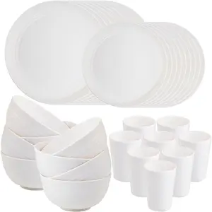 32 count Wheat Straw Dinnerware Sets, White Dishes for 8, Plates and Bowls Sets,  Plastic Plates, Microwave Dishwasher Safe, White Plastic Dinnerware Set