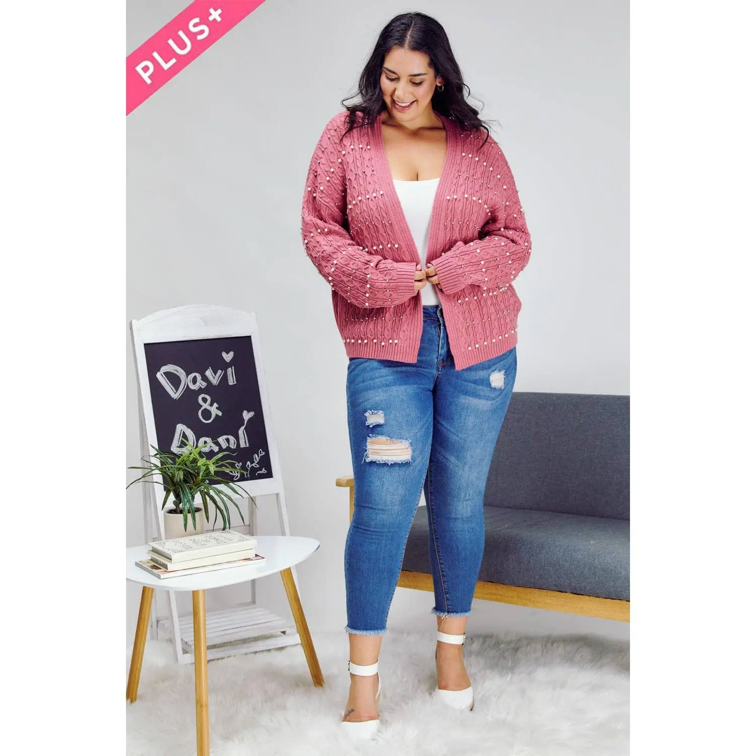 Plus Pearl Accent Pink Cardigan