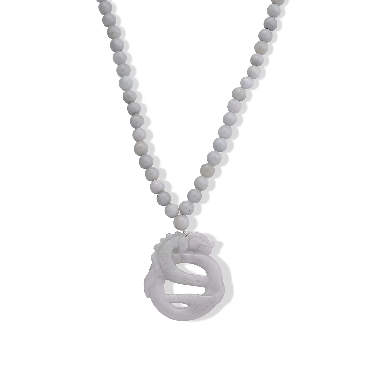 D'Joy Natural Jade Carved Double Dragon Pendant with Beaded Necklace (20 Inches) in Rhodium Over Sterling Silver 440.00 ctw