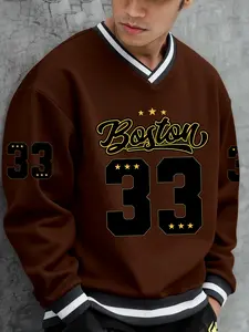 Men's V Neck Long Sleeve Graphic Sweatshirt, Preppy Style, Fitted Design, Moderate Stretch, All Season Wear, Perfect Layering Piece