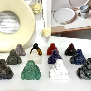 4 Counts Different Materials Buddha Crystal Statue 1.5 Inch Hand Carved Sitting Maitreya Laughing Happy Buddha Healing Crystal Gemstone Home Decor