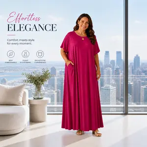 Women's Casual Batwing Sleeve Maxi Lounge Dress Soft Breathable Loose Fit Short Sleeve Sleep Dress Comfy Loungewear with Pockets for Home Vacation Daily Wear