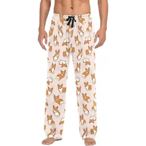 Men's Cute Corgi Dog Pajama Pants Cotton Soft Comfy Straight-Fit Lightweight Pj Bottoms