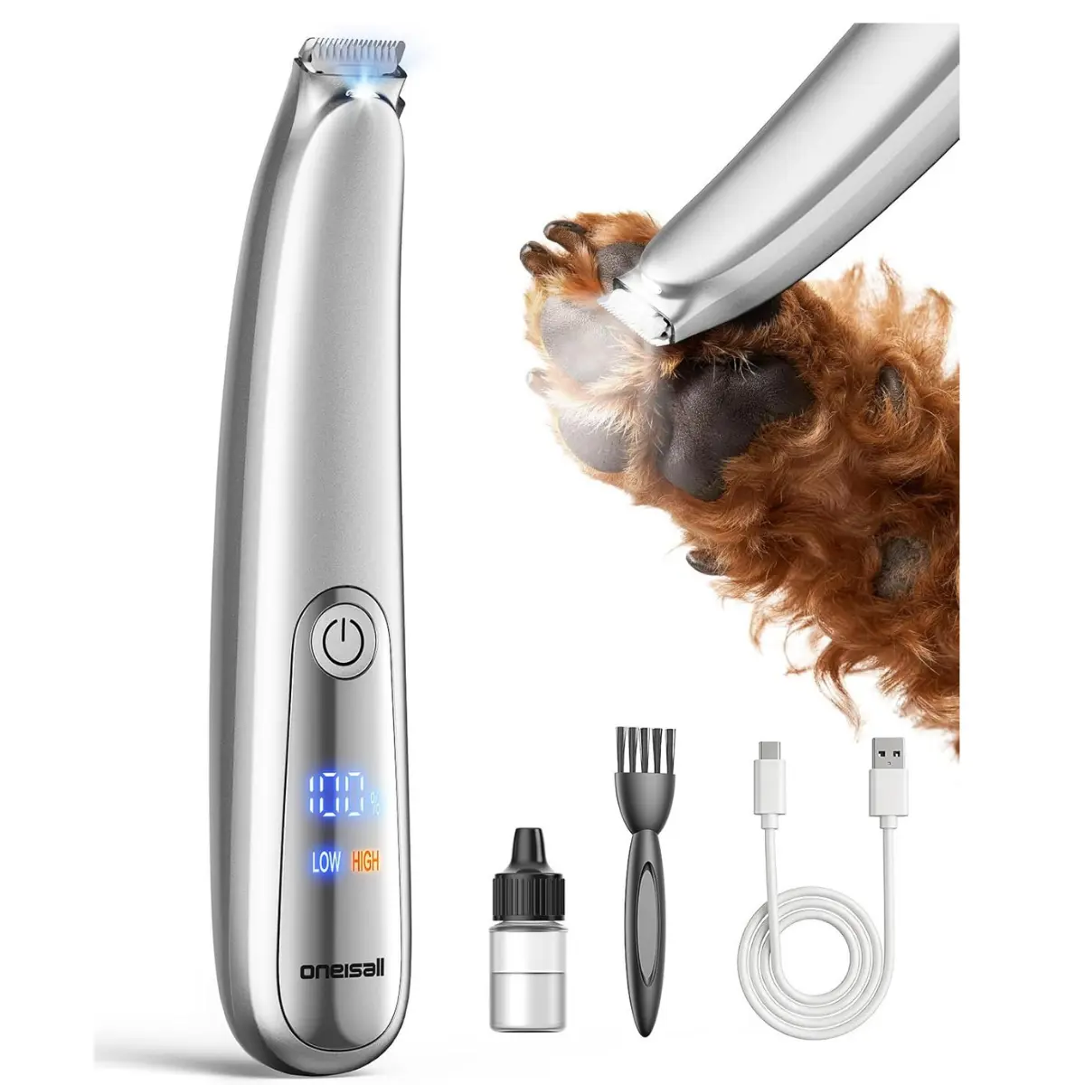 Cordless Rechargeable Dog Paw Trimmer with LED Light, 35dB Low Noise, 2-Speed 6500 RPM, Curved Safety Blade for Dogs & Cats’ Between Toes & Sensitive Areas