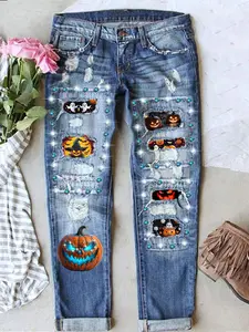Halloween Fashion Diamond Pumpkin Print Ripped Mid-Waist Straight Leg Women's Jeans, Comfortable Street Style Denim Jeans