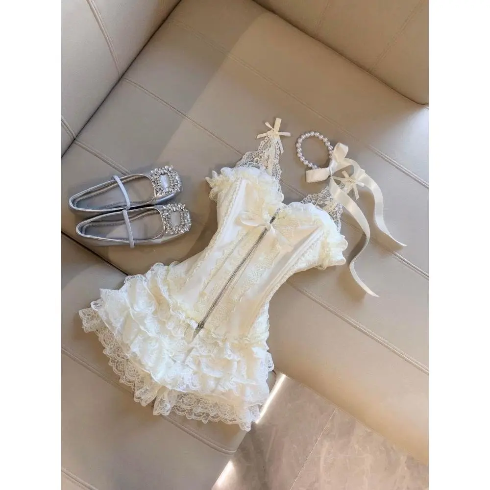 Sweet Princess Dress Woman French Lace Sim Fairy Dress Harajuku Gyaru Elegant Chic Ball Gown Summer Kawaii 90s Sexy Fashion