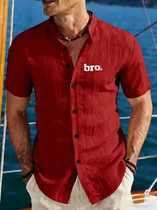 American Coastal Style Bro Print Casual Shirt for Men, Travel and Cruise Vacation, Casual Summer Style, Versatile Breathable Linen Feel Half Sleeve, Tropical, Casual Fashion Shirt
