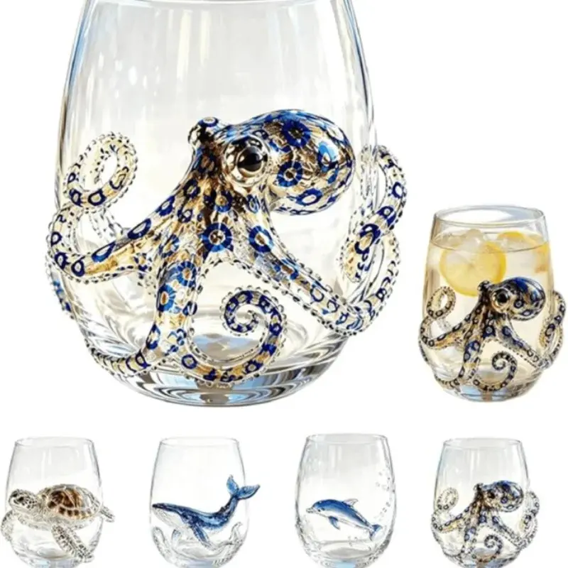 Handmade Marine Animal Glassware 3D Blue Ring Octopus Stemless Wine Glass Marine Animal Bar Accessories Marine Home Decor Gift