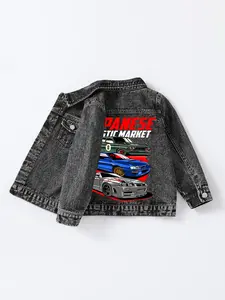 Trendy Jdm Style Boys' Denim Jacket, Fitted Design, Classic American Retro Car Print, Washed Look, Vintage Appearance, Spring Summer Streetwear, Fits Ages 1-8
