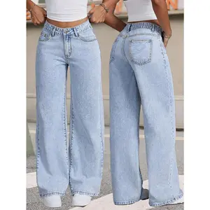 [Versatile] High-Waisted Blue Wide-Leg Jeans for Women |     Elastic Waistband |     Features: Versatile, Loose Fit Button Preppy