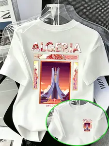 Men's North African Style Algeria Monument Vacation Print T-Shirt - Menswear Sports Clothes with Stretch Polyester Fabric, Retro Summer Design, Monument Illustration & Ethnic Floral Elements