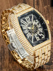 Luxury Rhinestone Quartz Watch, Unisex Royal Style, Square Analog Dial, Blue Mineral Glass, Casual Wear, All Seasons, Elegant Square Dial