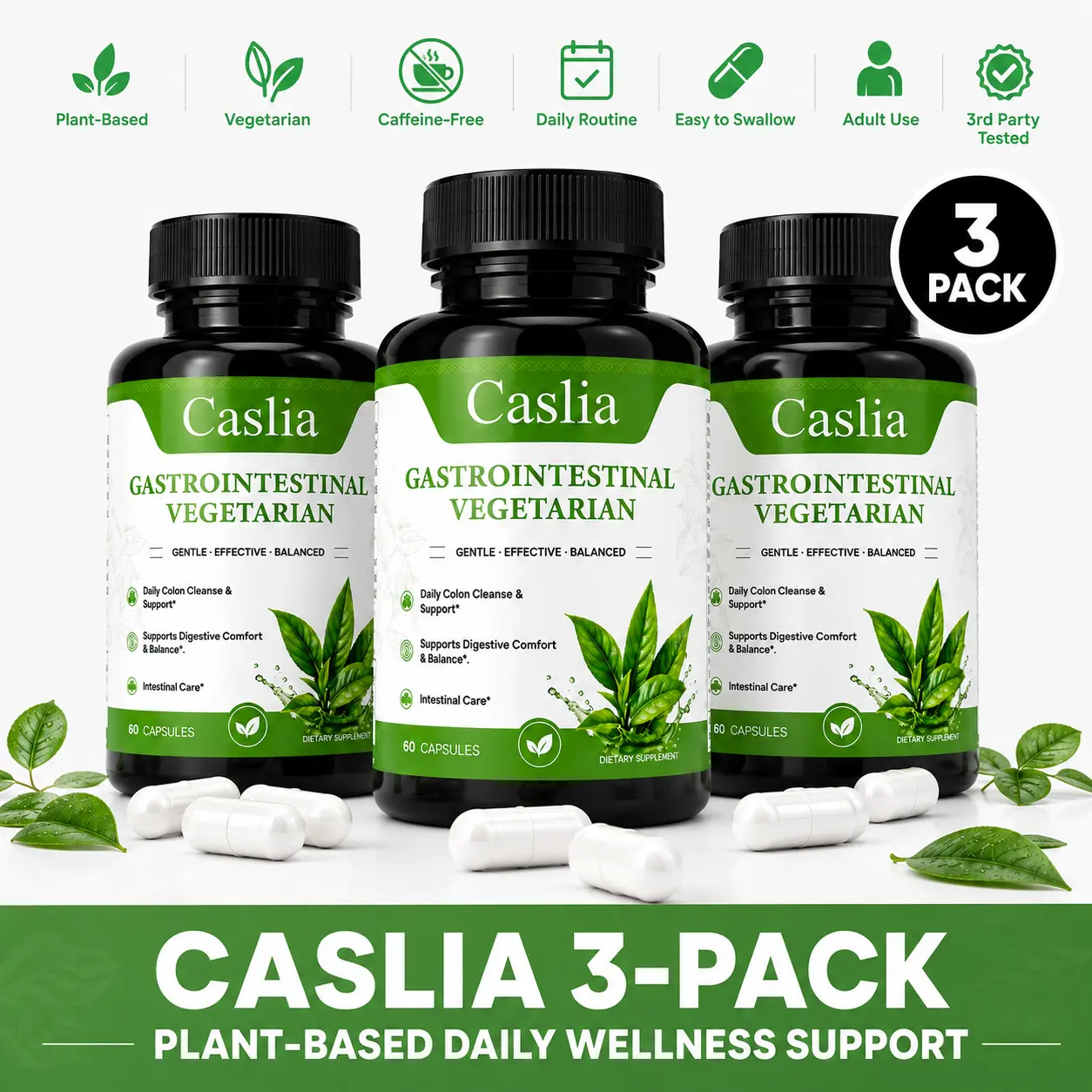 Caslia 3-Pack Digestive Wellness Supplement, Plant-Based Herbal Formula with Senna & Cascara Sagrada, Vegetarian Caffeine-Free Capsules for Adults, 180 Capsules highly potent herbal ingredient self care complete gut health intestinal digestion